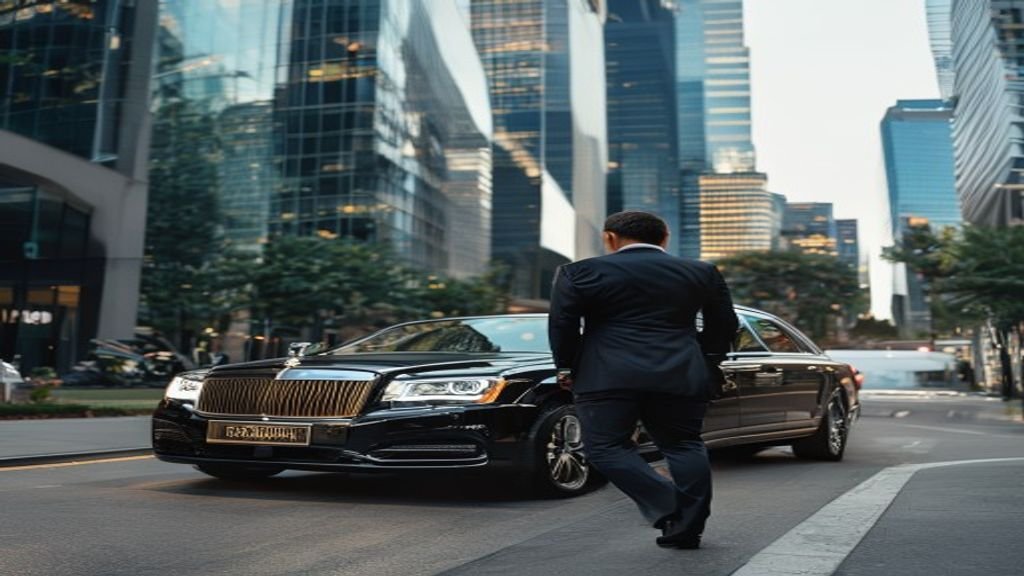 Black car service chauffeur beside a luxury sedan in Atlanta